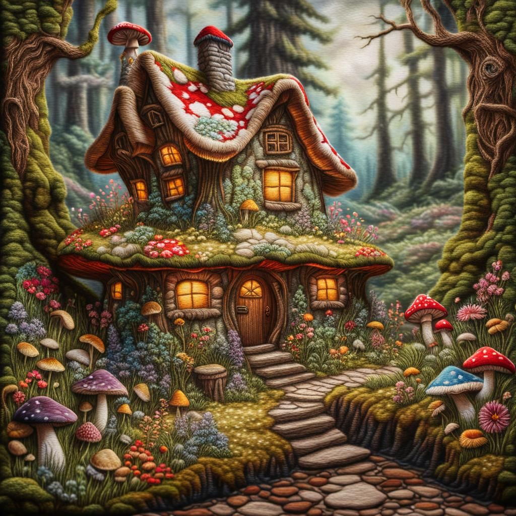 Embroidered Storybook Cottage - AI Generated Artwork - NightCafe Creator