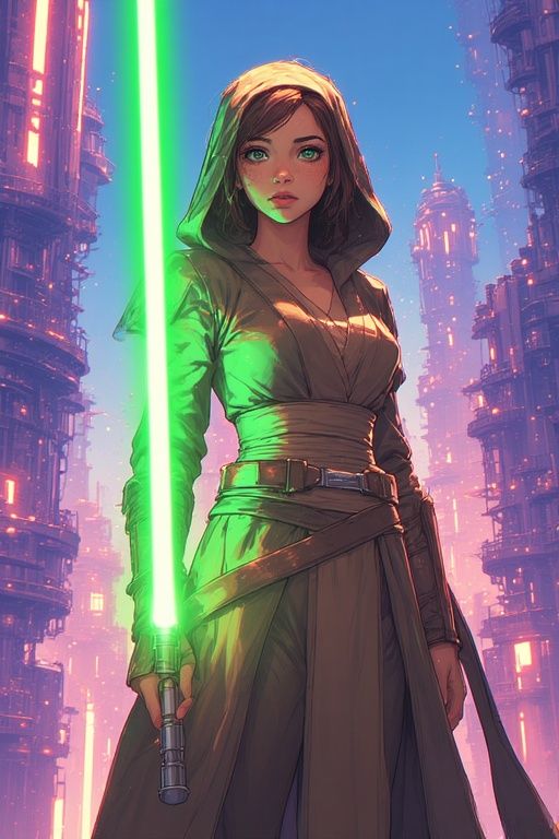 BEAUTIFUL FEMALE GEISHA JEDI KNIGHT HOLDING A GREEN LIGHTSAB...