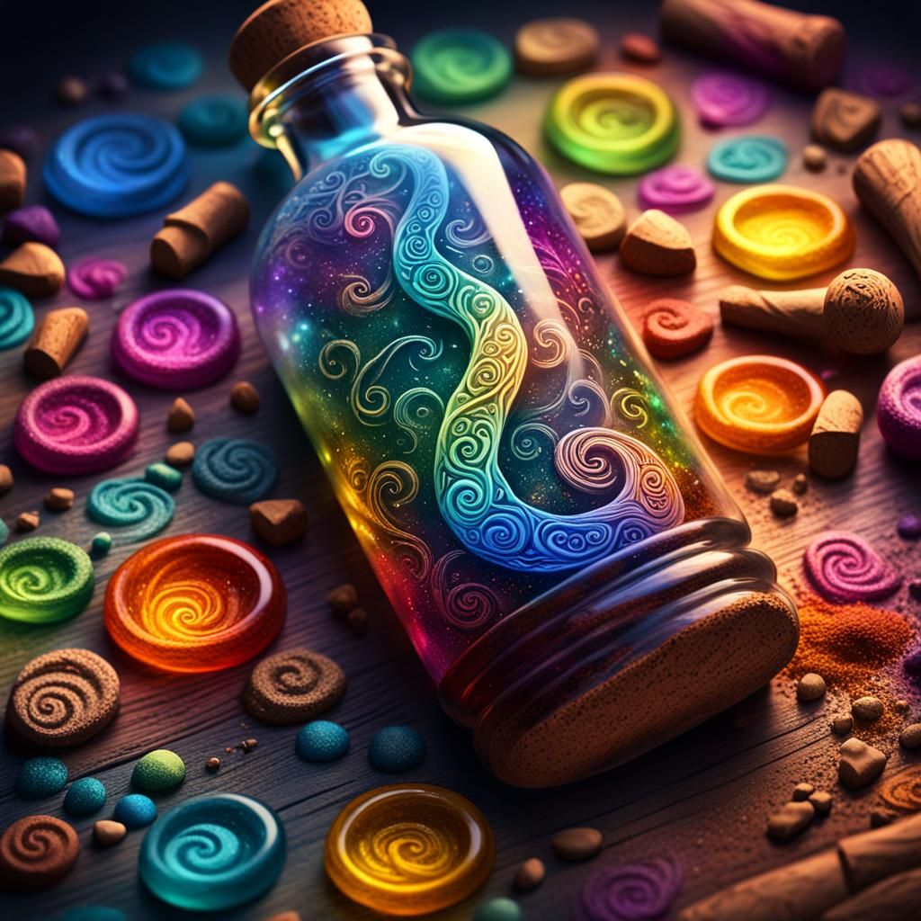 Glowing Bottle with Rainbow Sand: Fantasy Concept Art