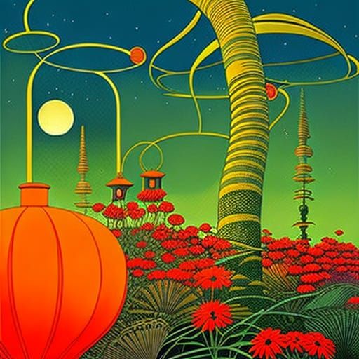 a garden with flowers and lantern
