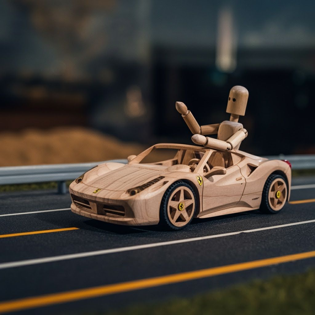 A wooden stick man driving a wooden Ferrari car, on a model road, epic