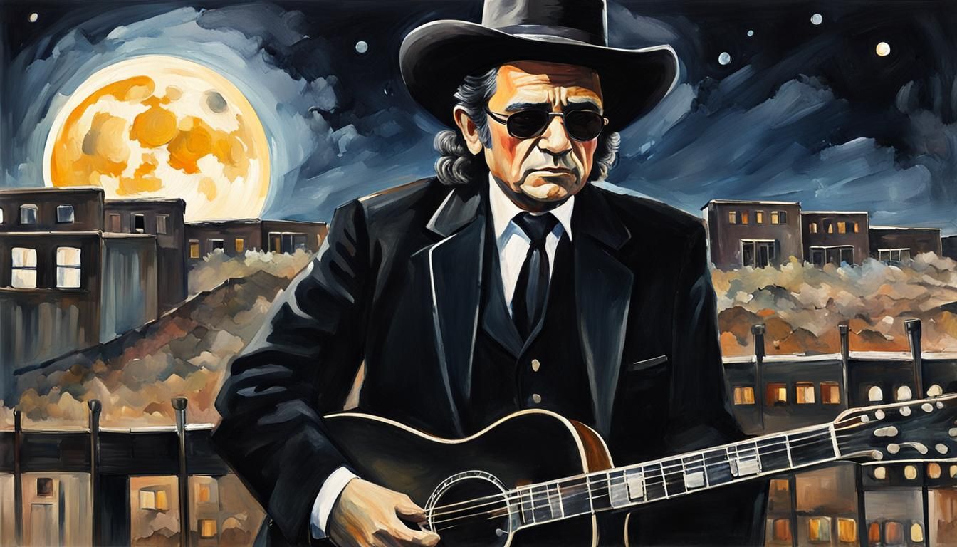 SINGER JOHNNY CASH  CLOSEUP, WEARING BLACK SUIT, SUNGLASSES,...