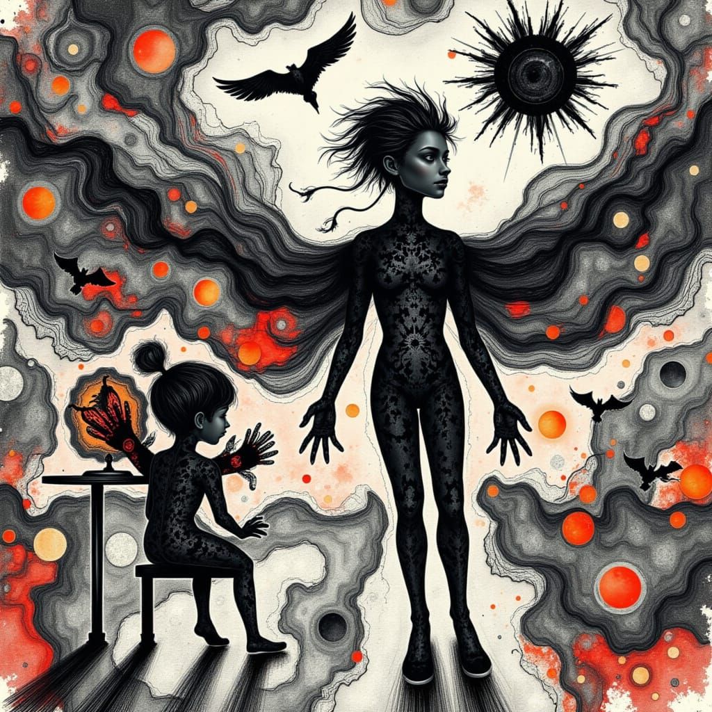 <lora:Ink Spots:1.0> A Rorschach angel  appears to teach a young artist not to cry over spilt ink, angel and young artist work creative magi...