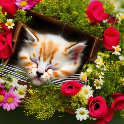 Cute kitten sleeping in a crate of flowers AI Generated Artwork