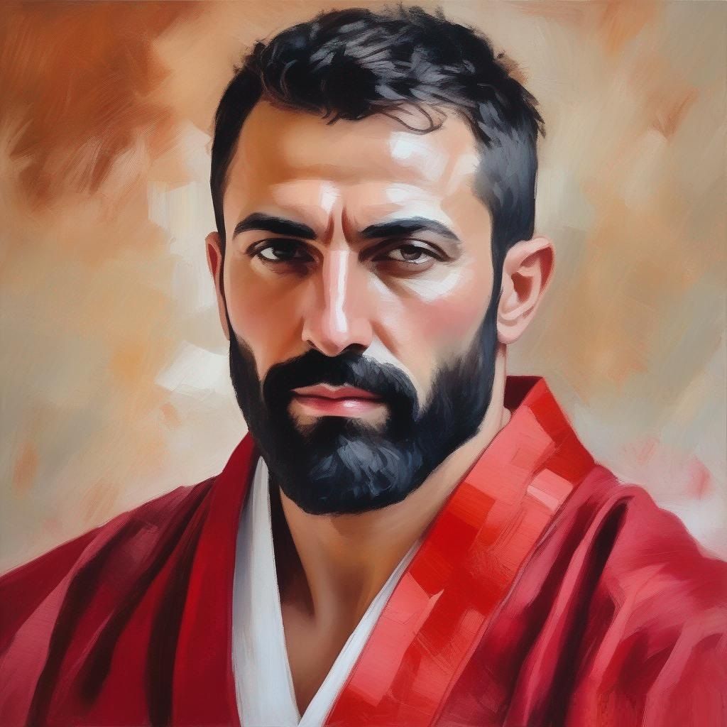 A handsome man with   black  hair and beard wearing a     re...