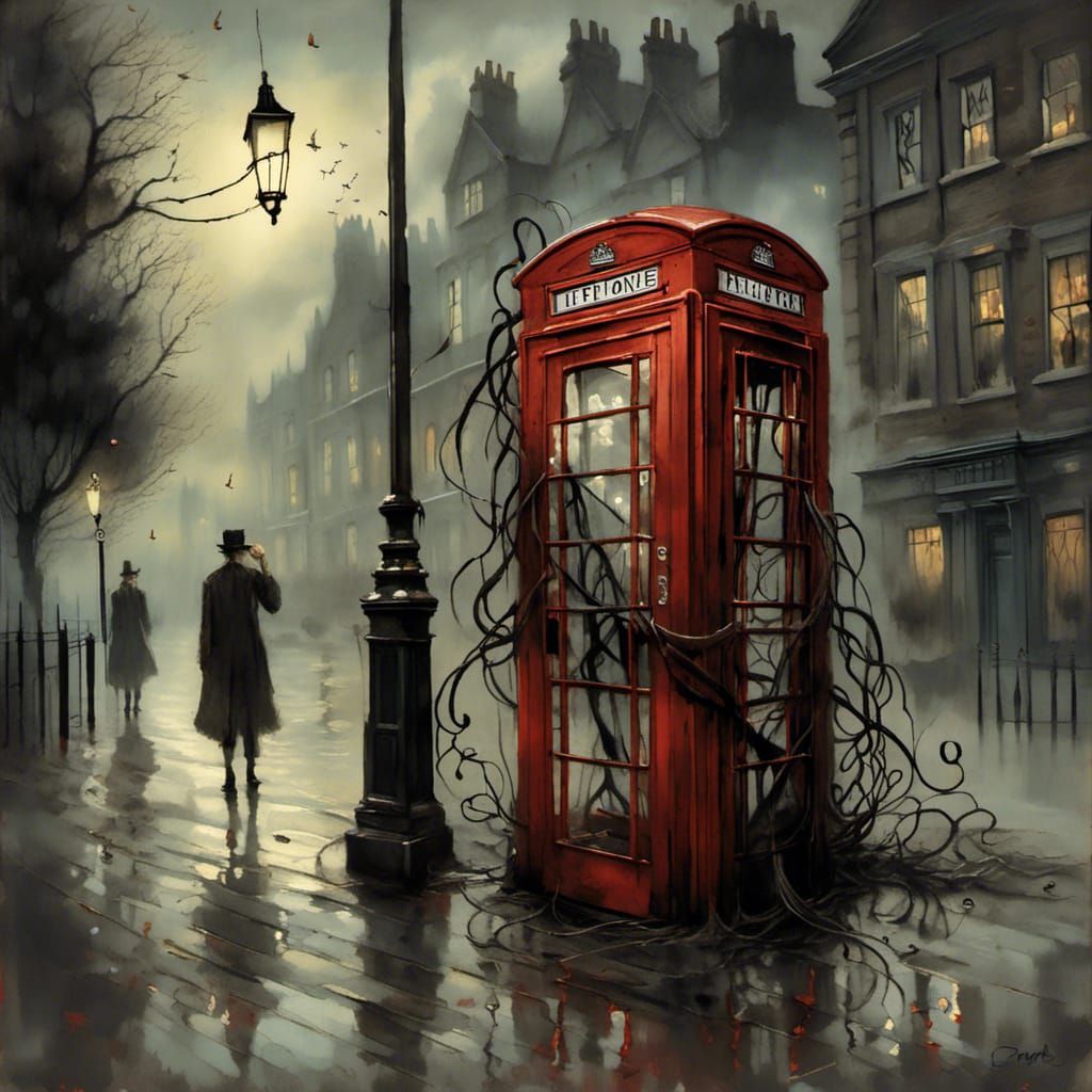 A London telephone box, on a gloomy street near the river Thames.  Ghostly tendrils are seeping out of the phone box.  By Carne Griffith and...