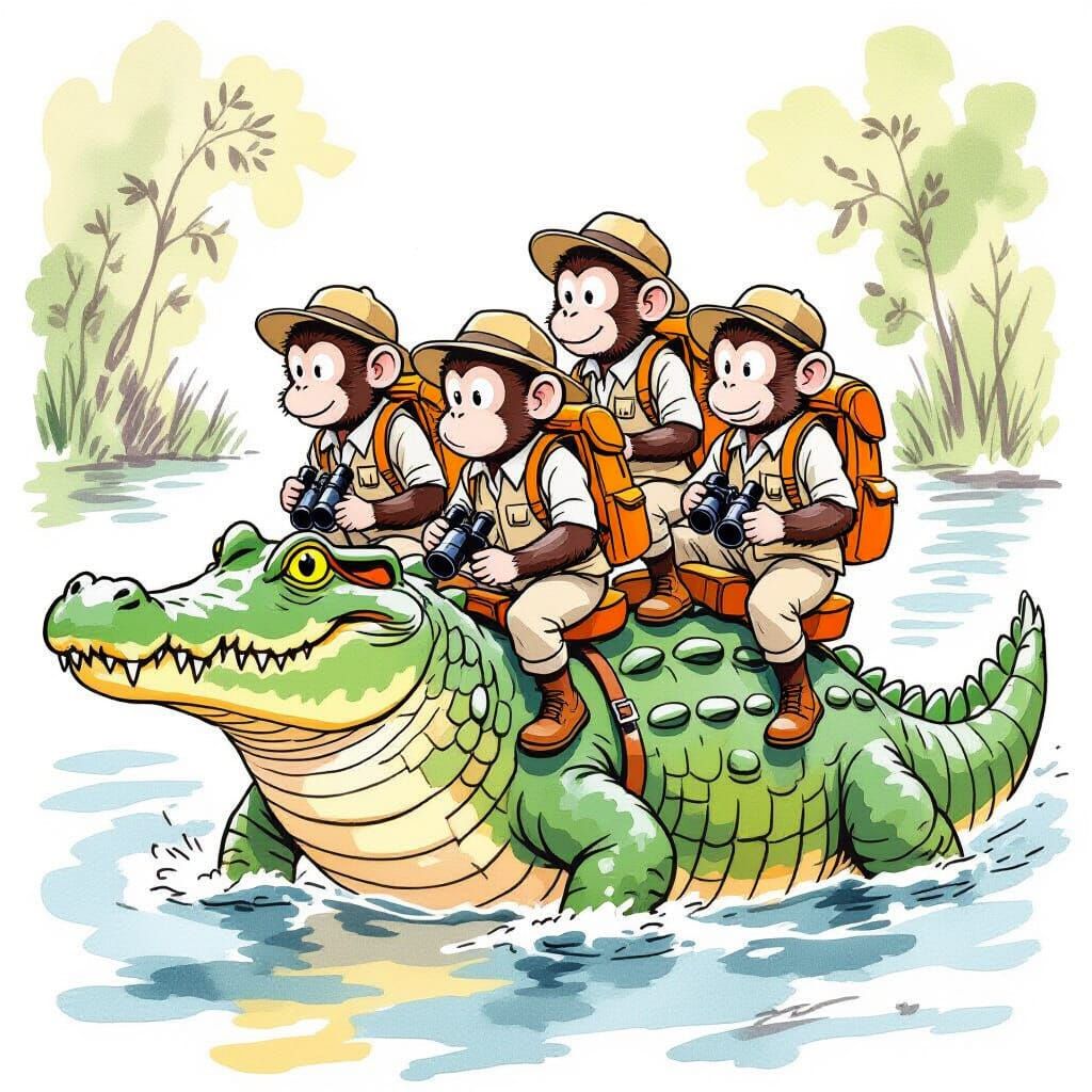 Quentin Blake Children's illustration water color sketch style of seven monkeys dressed in safari gear ...  by @T Lee Hartwell