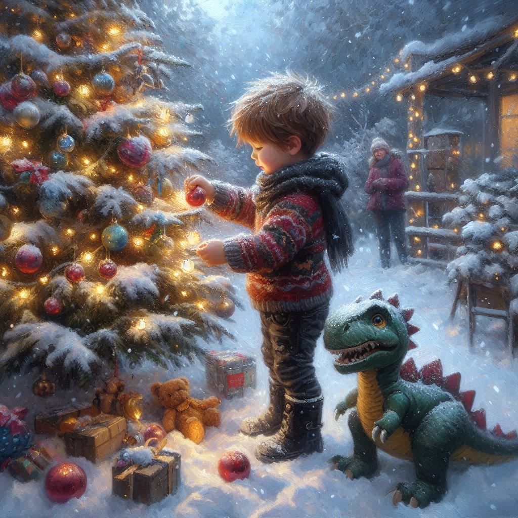 Timmy and his dino decorate the Christmas tree