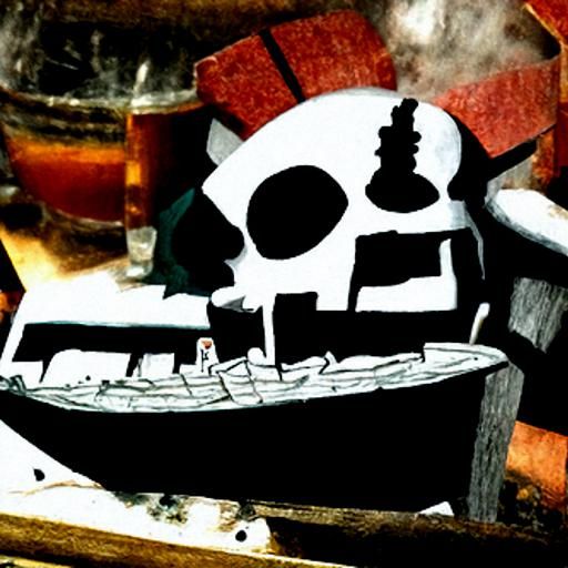 Robot pirates drinking and playing cards in a dark ship