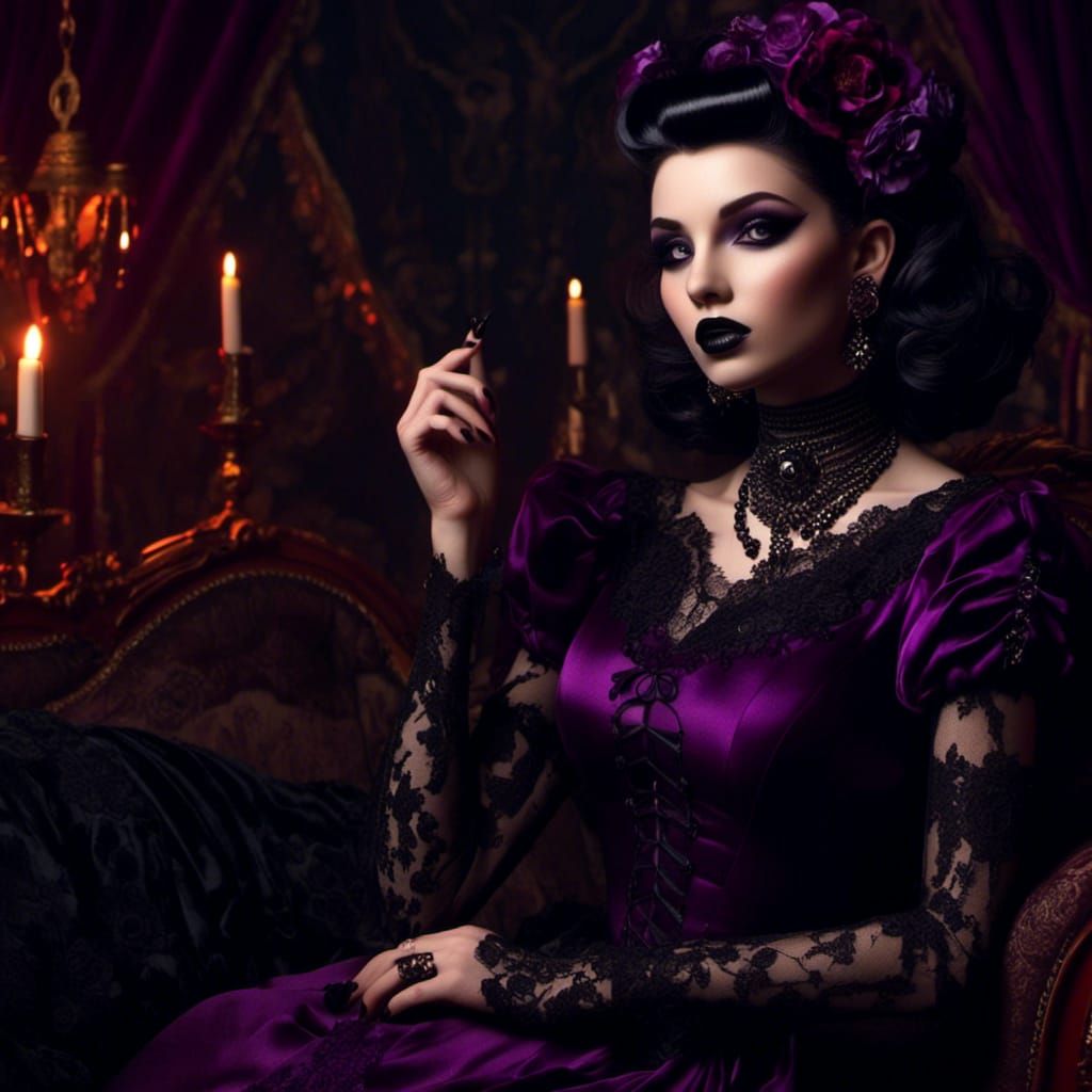  <lora:Midnight Retro:1.0>goth woman in deep purple, dramatic lighting 