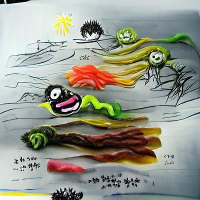 Gazooks the seaweed tickle monster charcoal drawing colourfu...