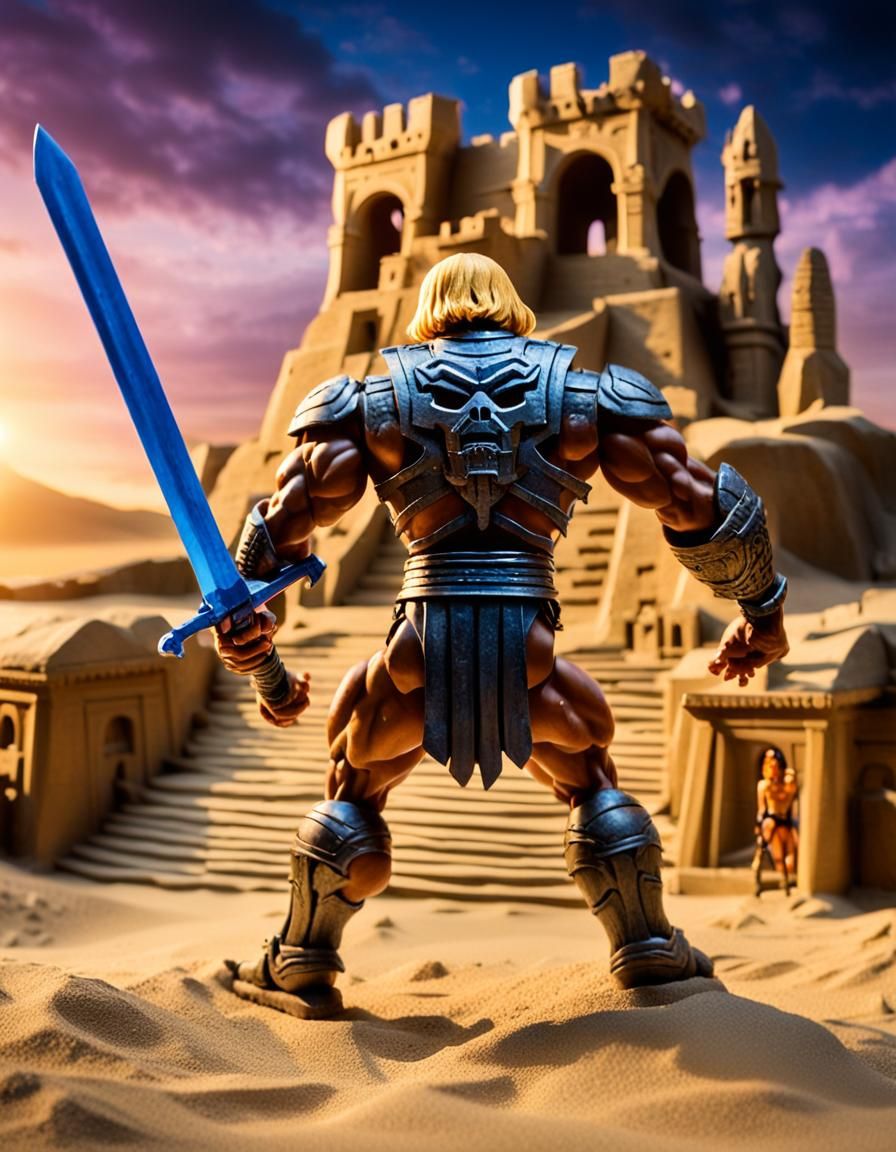 the He-man action figure from the back brandishing his sword...