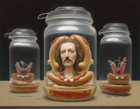 A futuristics drone hot dog stand selling human heads in jar...