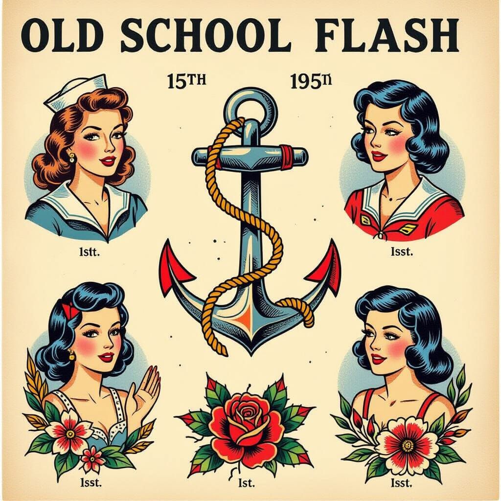 Old school tattoo flash sheet, anchors, sailors, 1950's women  by @Riot
