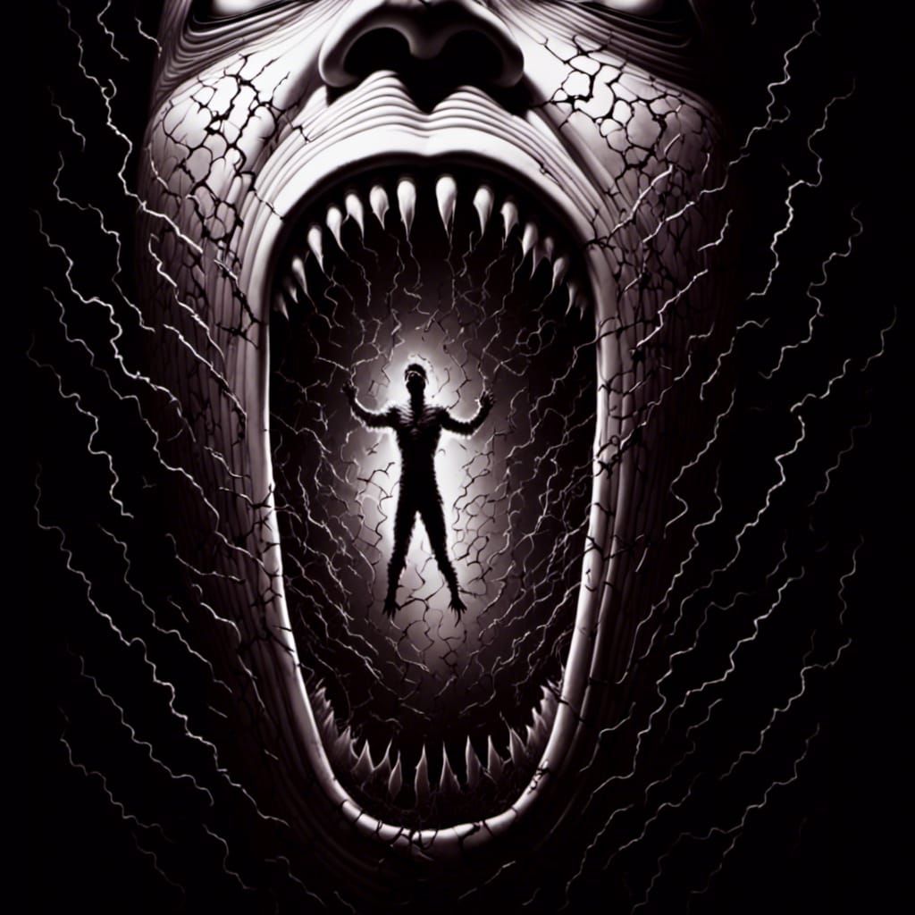 "Monochromatic horror portrait, mouth wide open in scream, tiny detailed figure inside mouth arms stretched upwards trying to hold the mouth...
