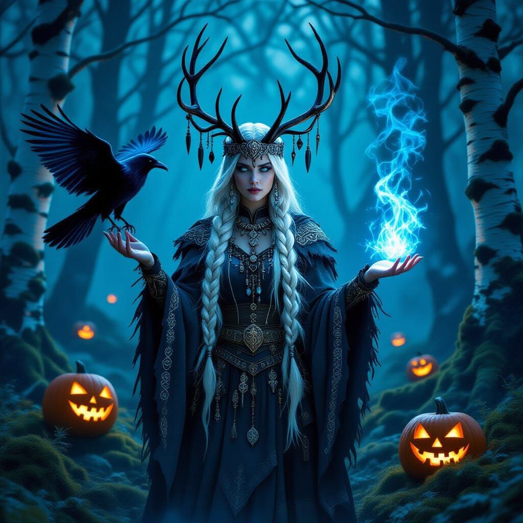 A picture of a Nordic witch with runes and walking in a foggy forest with a raven - Start Image 2