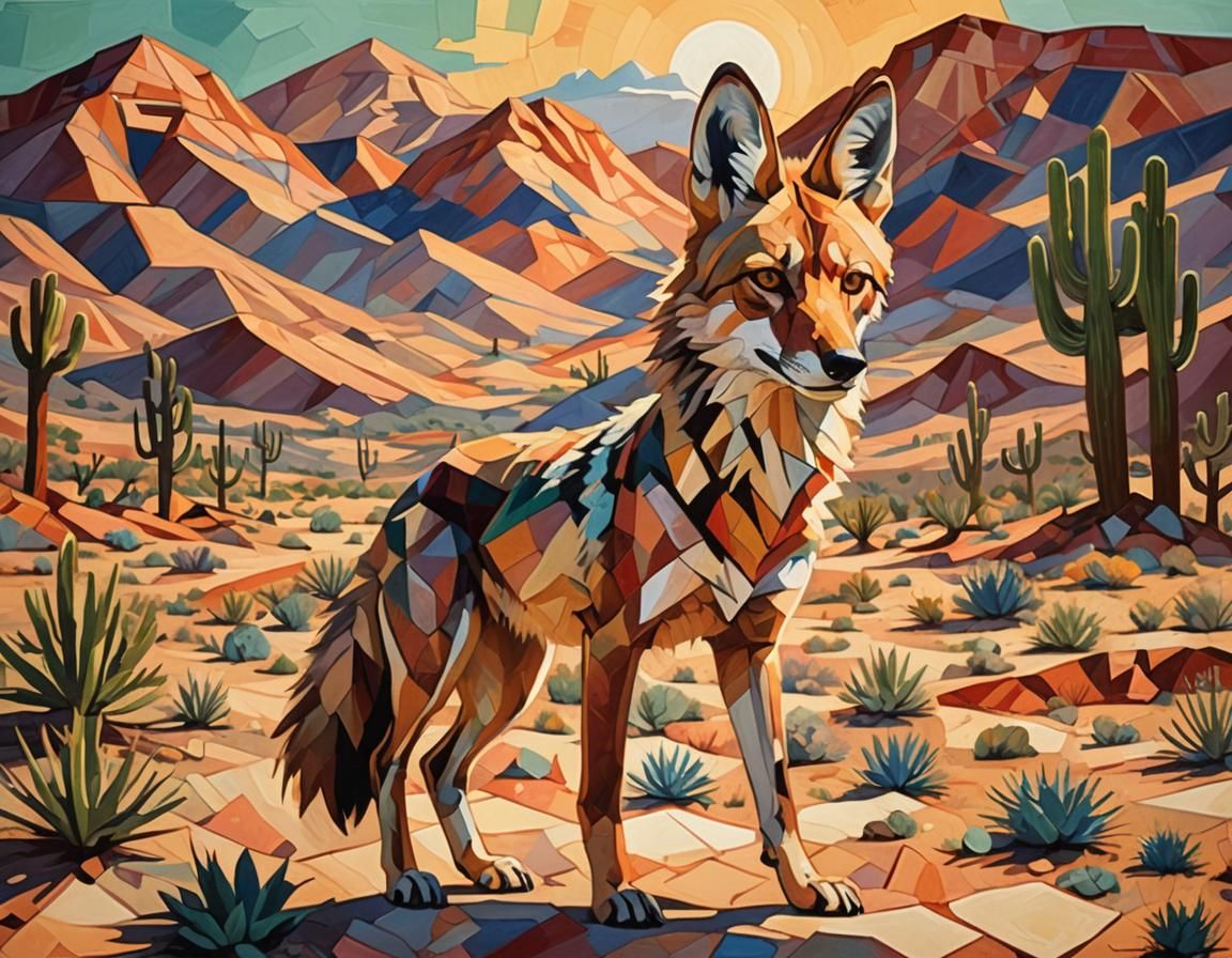 coyote in desert cubist painting, Neo-Cubism, layered overla...