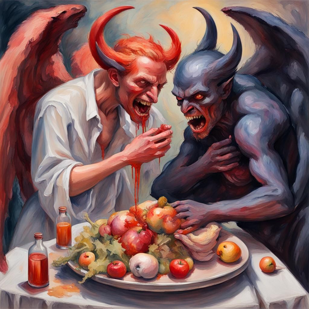 Two demons having a meal with eachother 