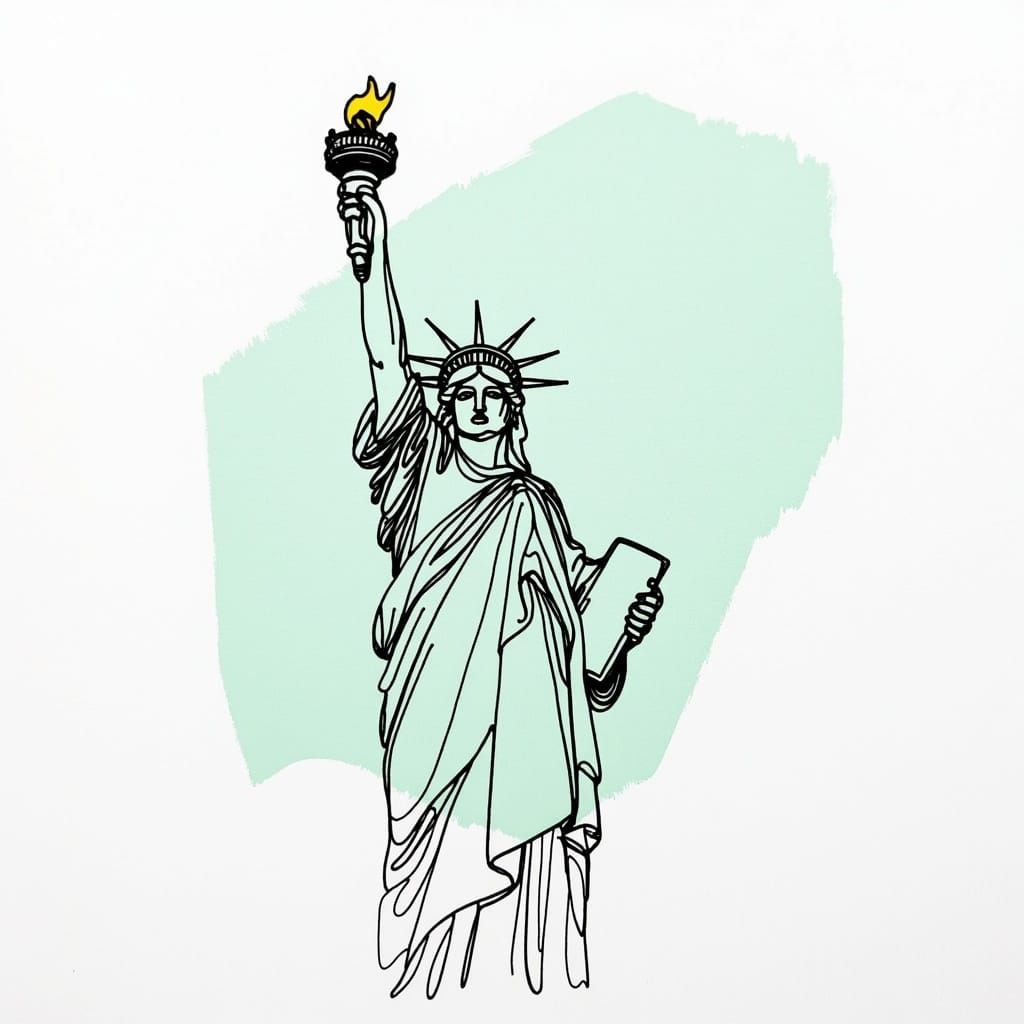 <lora:Outside The Lines:1.0> The statue of liberty. single line drawing, colour swatch behind it
