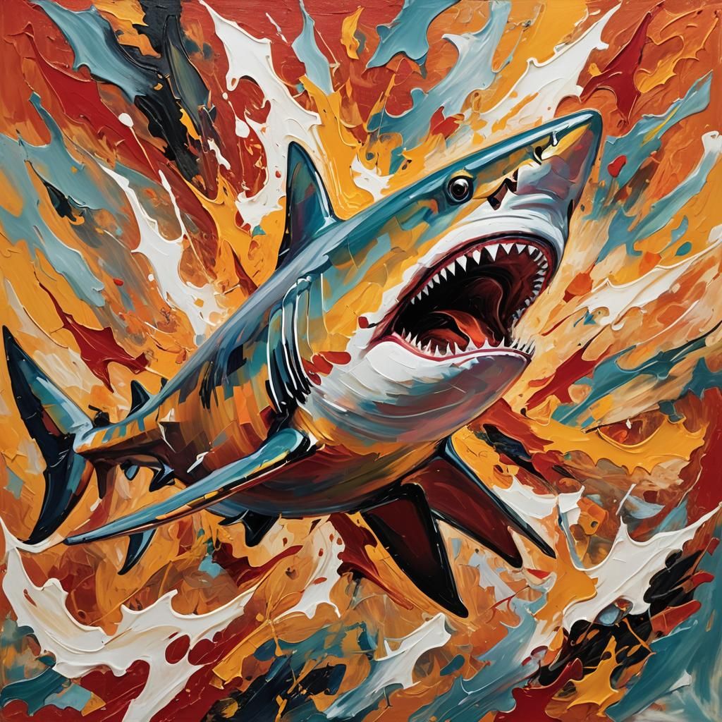 Red and orange abstract painting of a shark