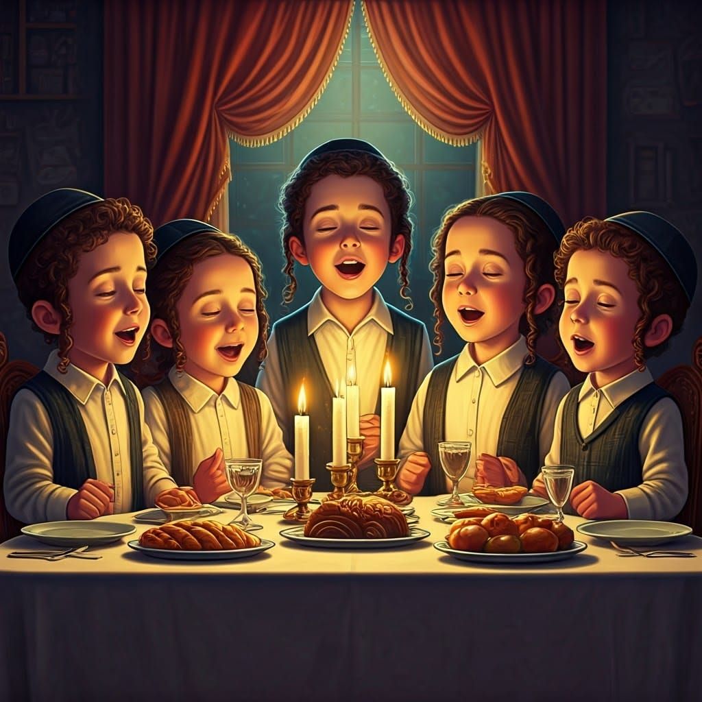 Traditional Jewish Family Gather Around Lush Shabbat Table