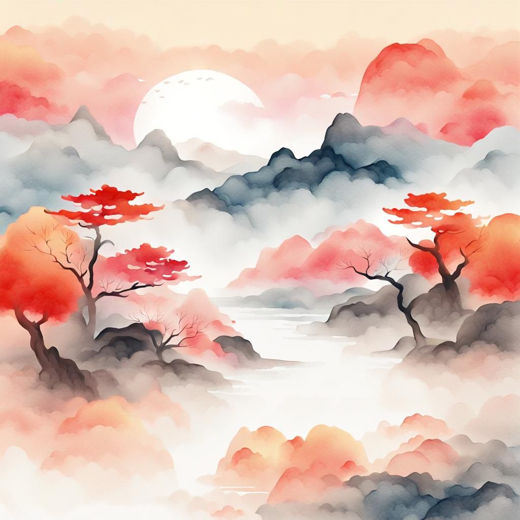 Lunar New Year. Chinese landscape ((watercolor style)). Abstract painting. Zen. Cover image with light abstraction. Simple vector art Contem...