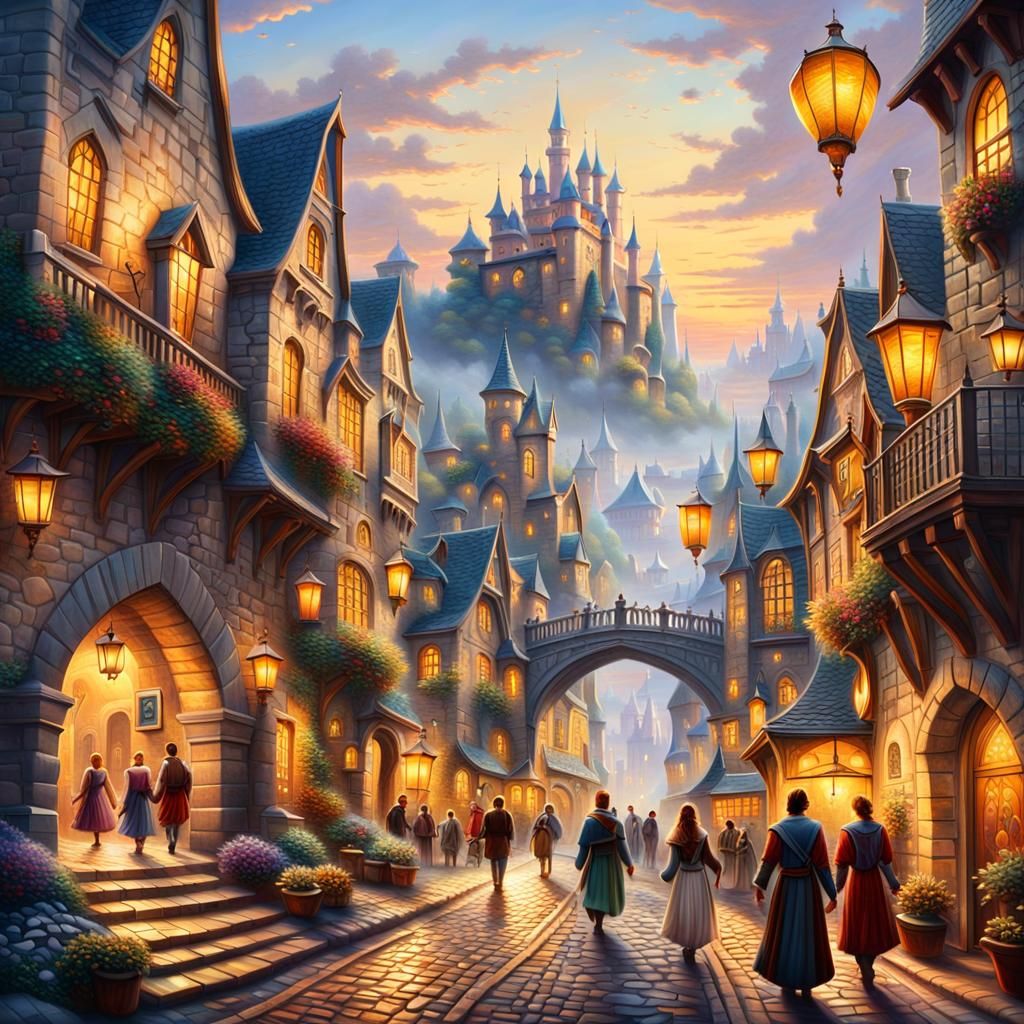 Ethereal Fantasy Cityscape at Dusk as Oil Painting