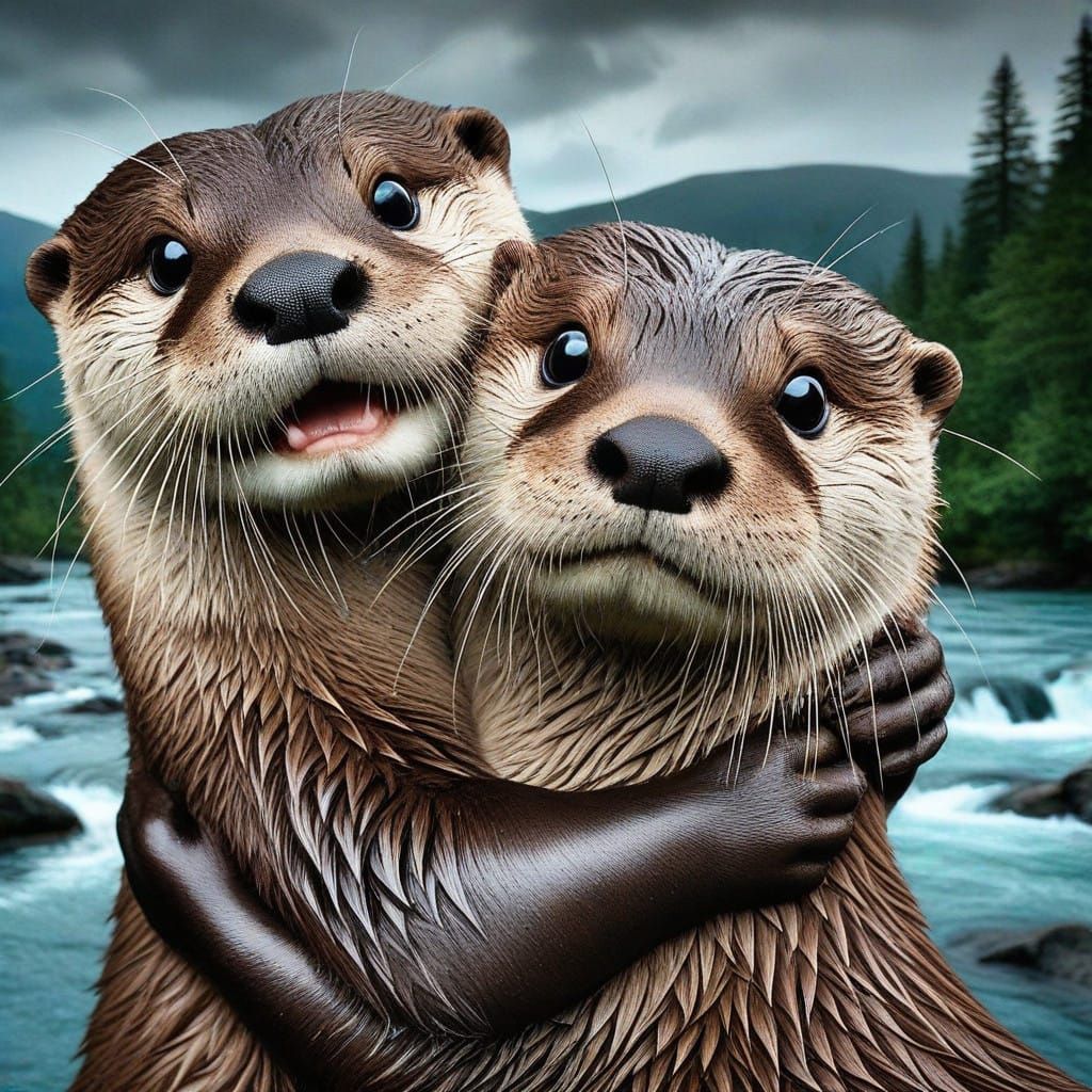 Photograph Duo Portrait: Excited eyed River Otter hugging a concerned Otter with an intense attentive look; forest/river background;
