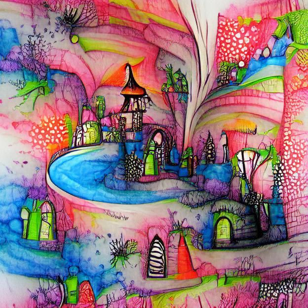 Vibrant fantastical whimsical place ink drawing
