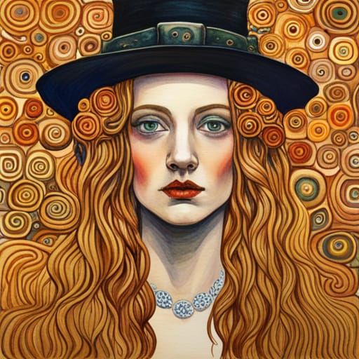 Watercolor Witch Girl in Klimt-Inspired Impressionist Style