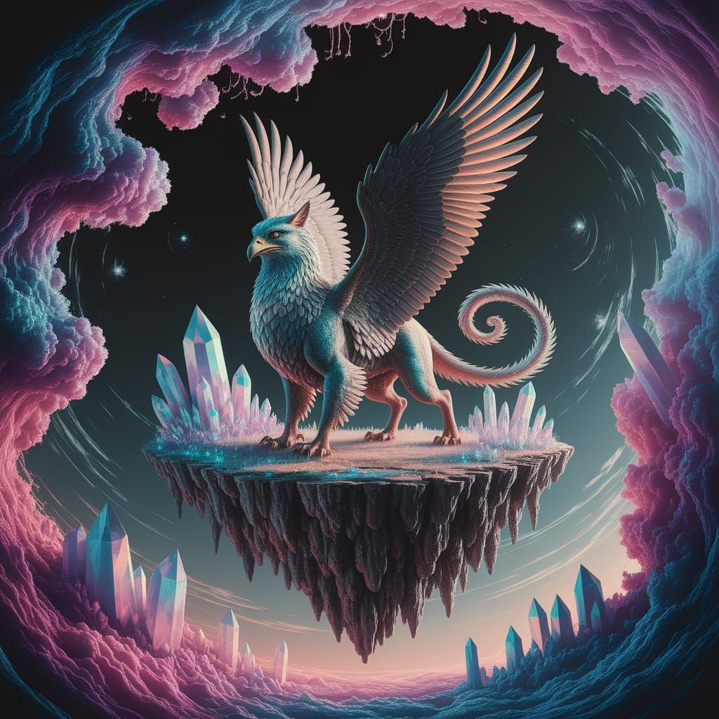 A majestic griffin alights on a floating island amidst a swirling nebula of cosmic dust. The griffin's ...  by @Jokavld