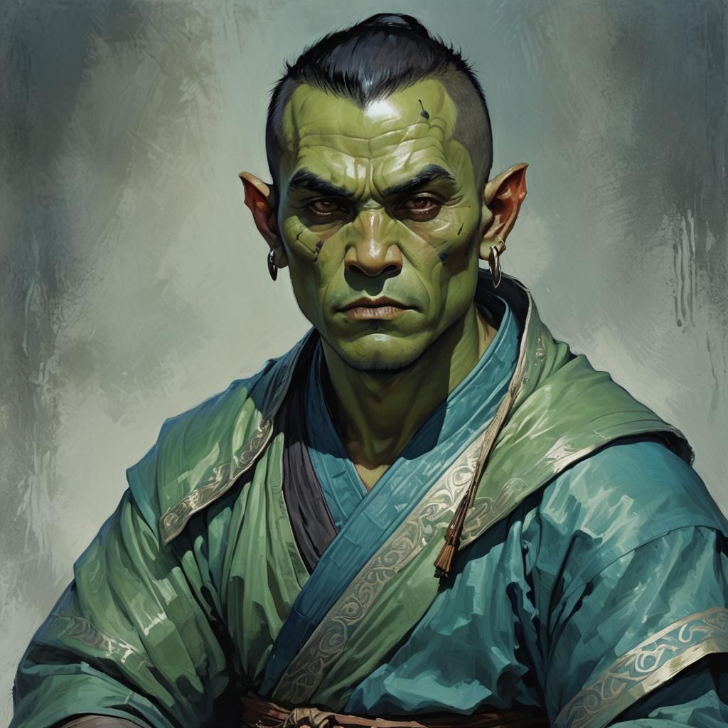 A striking portrait of a male half-orc monk. He has intense black eyes ...