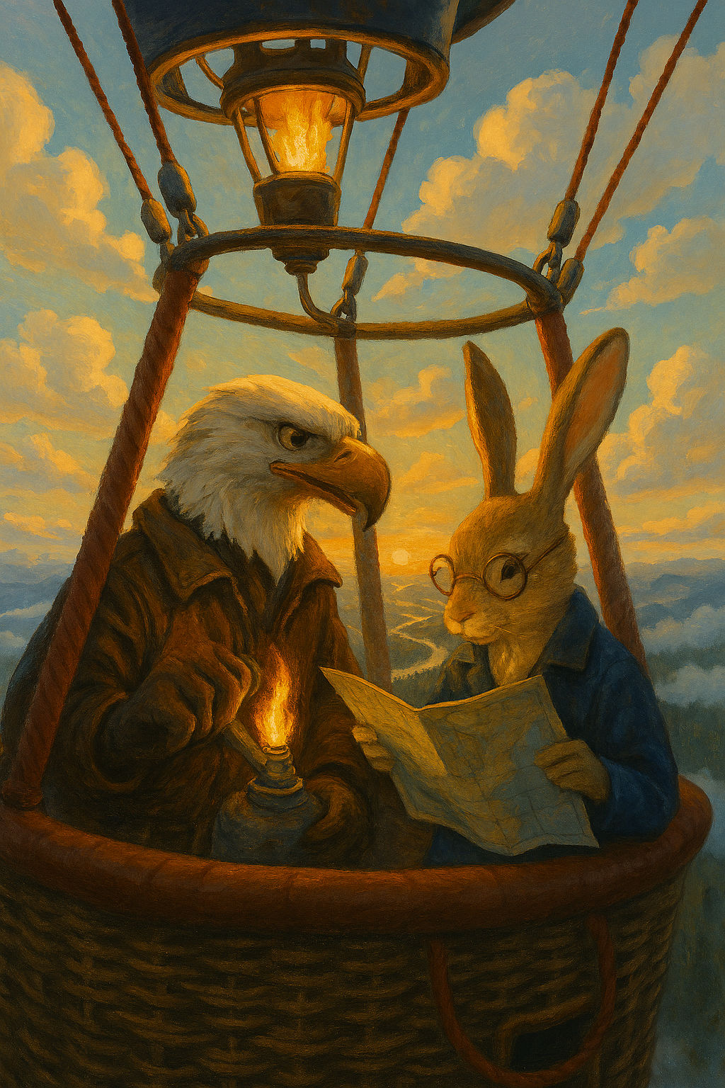 Eagle + Rabbit as Pilots of a Hot Air Balloon