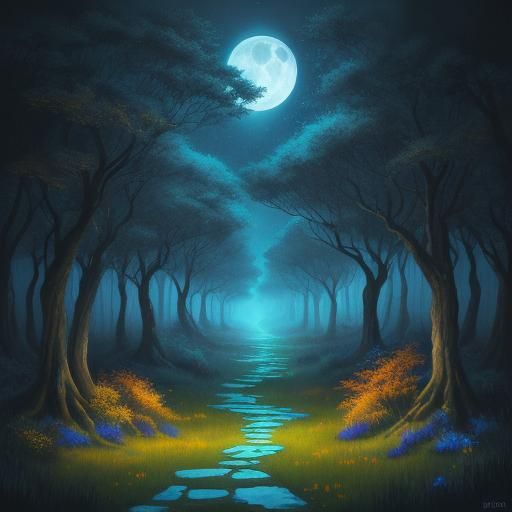 Arabesque Trees with Glowing Path in Cubist Style