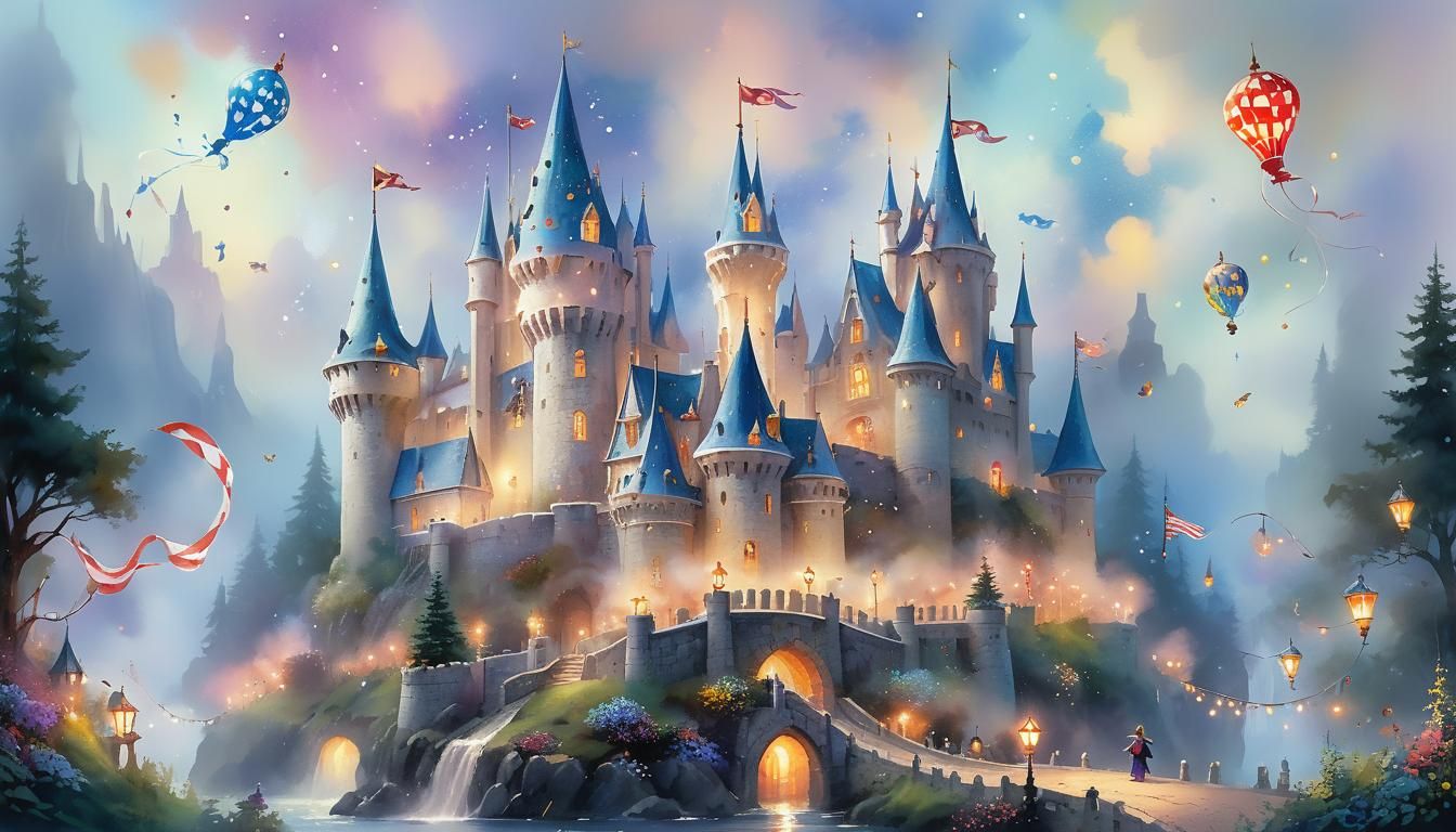 Fairy Tale:

A whimsical castle with turrets and flags flutt...