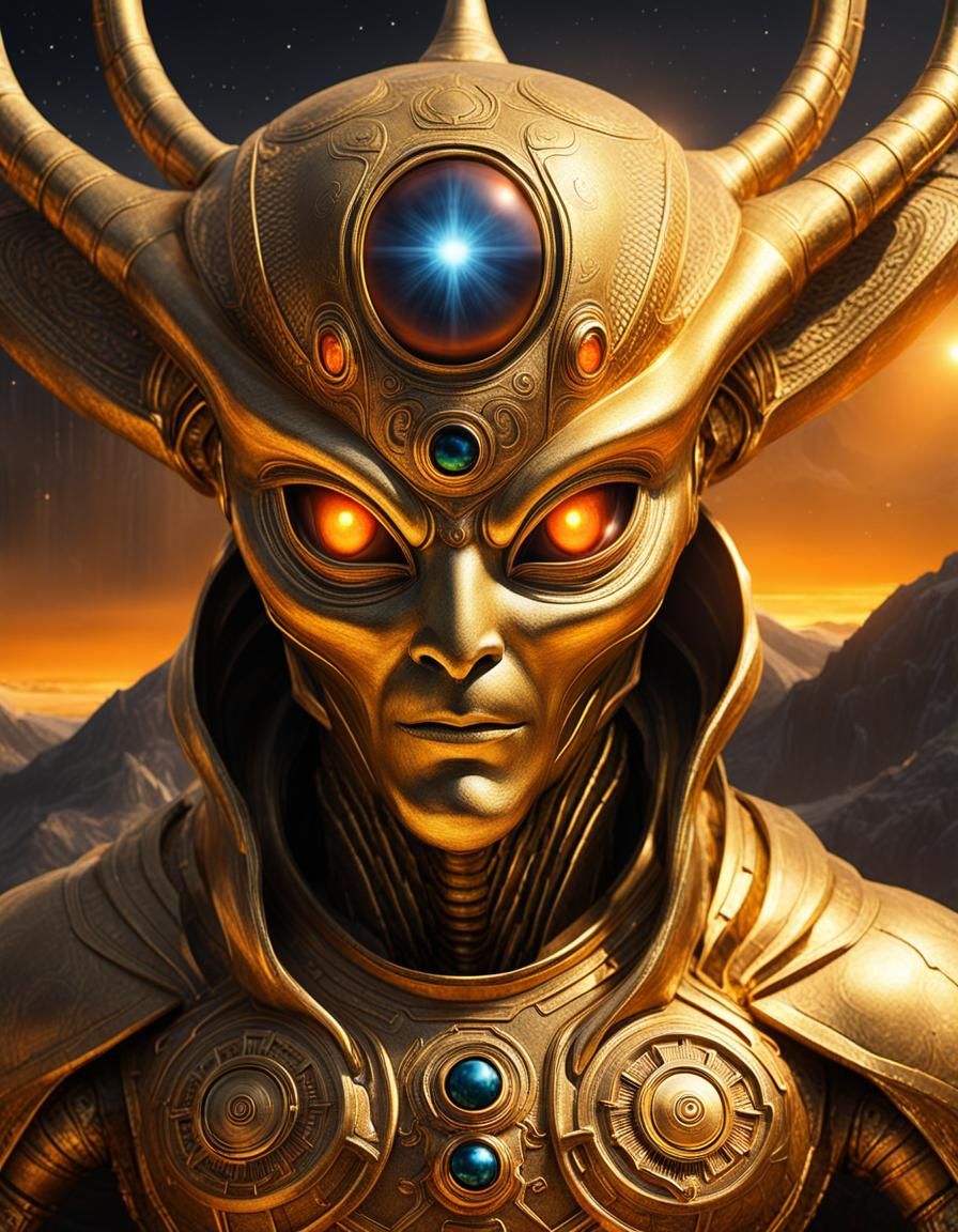 scenic picture of a golden alien god, wide face, orange glow...