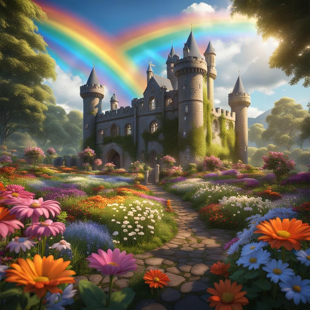 Irish castle flower garden with rainbow daisy flowers