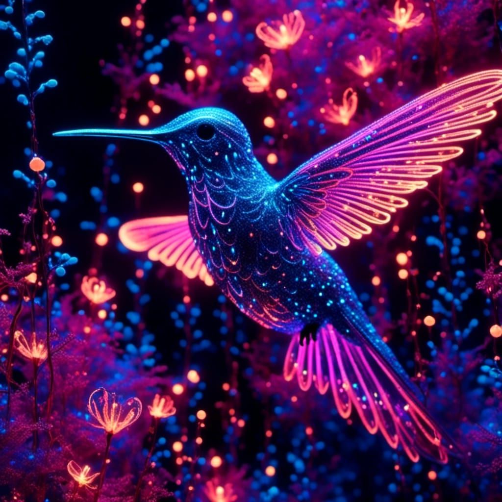 <lora:The Luminous Game:1.0> Envision a mesmerizing close-up capturing the grace of a bioluminescent hummingbird in flight amid a mythical f...