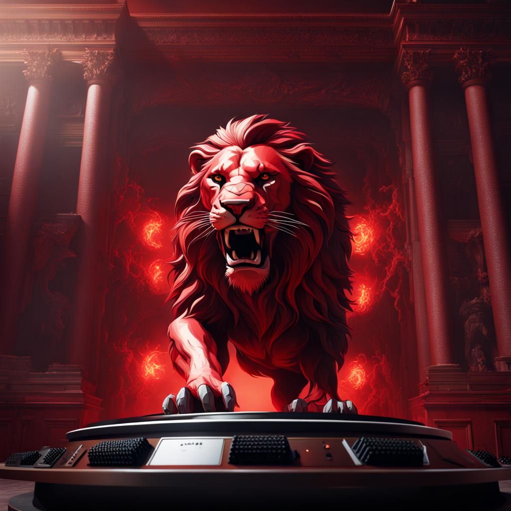 Red Roaring Lion leaping out from inside of a concert speaker - AI ...