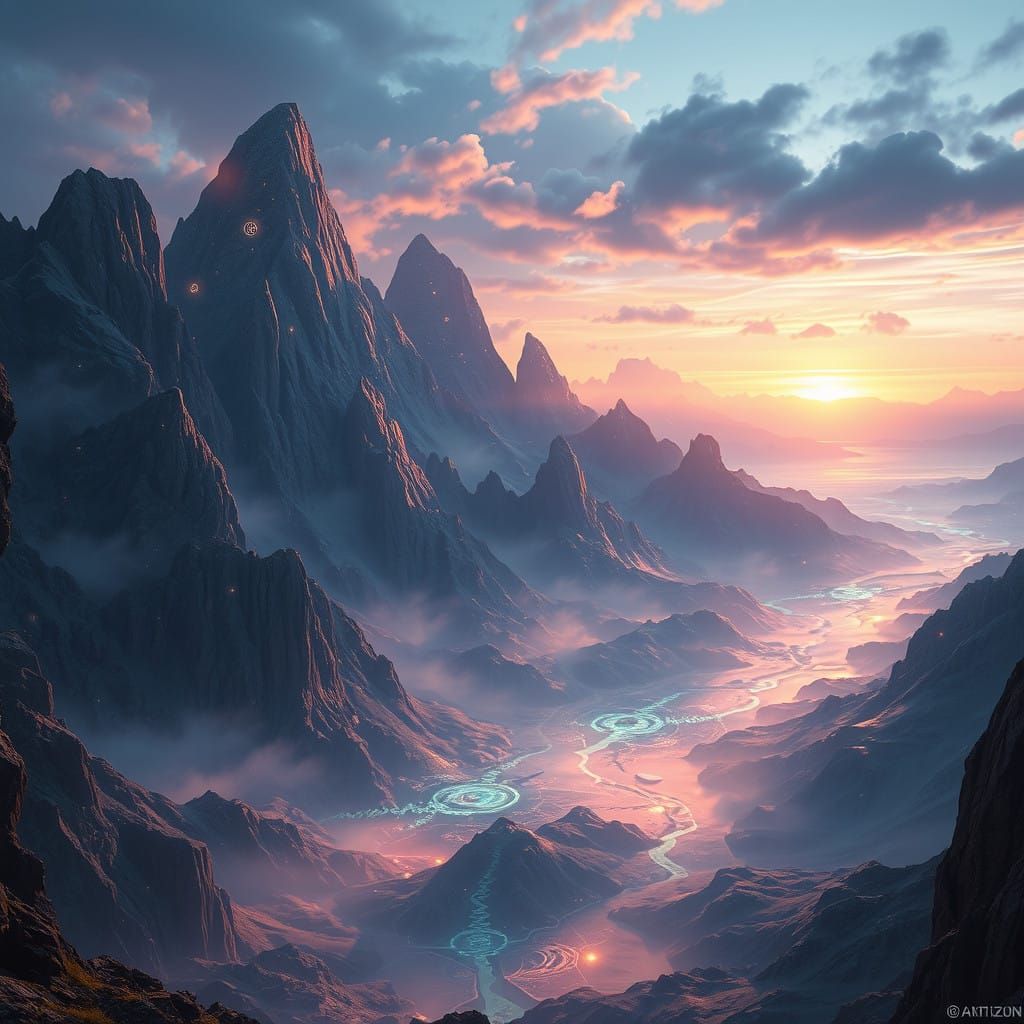 Ethereal Realm Unfolds with Ancient Mountains and Glowing Ru...