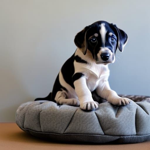 cute catahoula puppy sitting on a dog bed