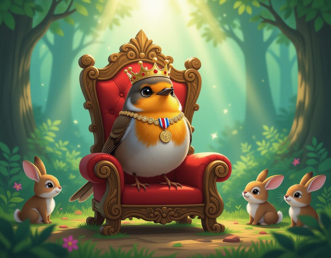 Robin King on Twig Throne in Whimsical Forest