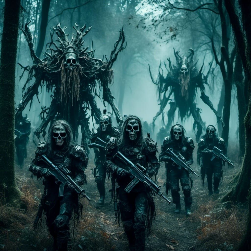 <lora:Eclipse:1.0>  Futuristic, heavily armed Ghostly soldiers march through a rotting forest