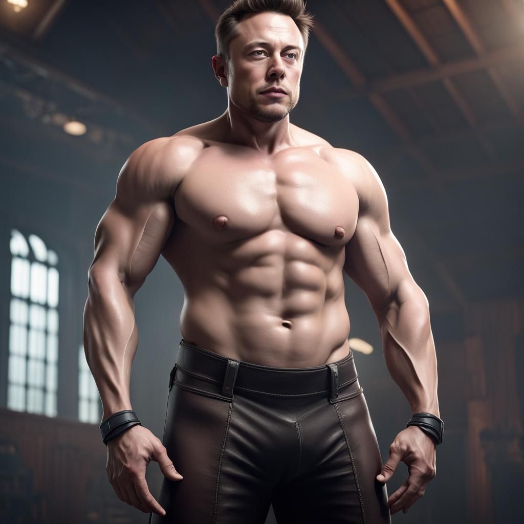 Elon Musk with a bodybuilder physique and big bara muscles. He has very