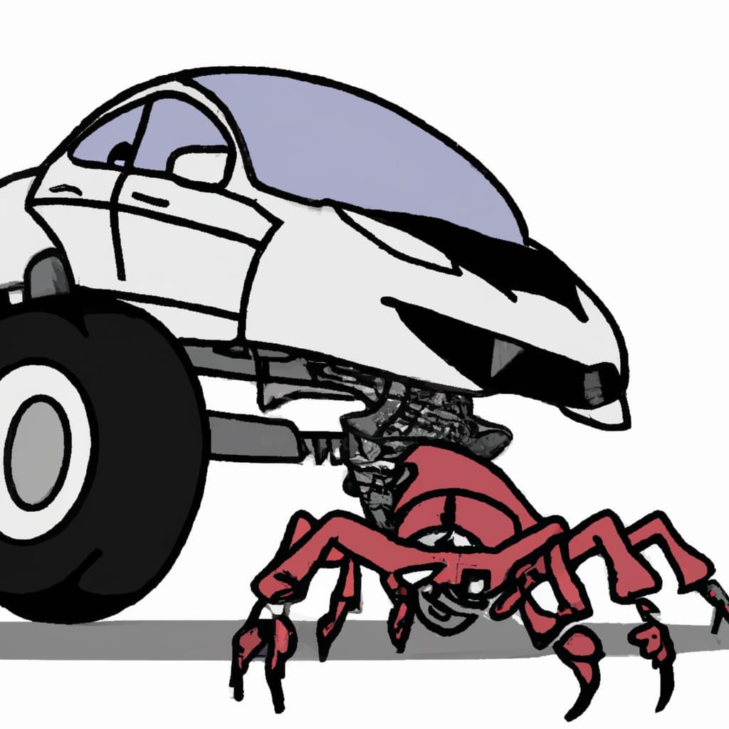 A car being eaten by a bug robot
