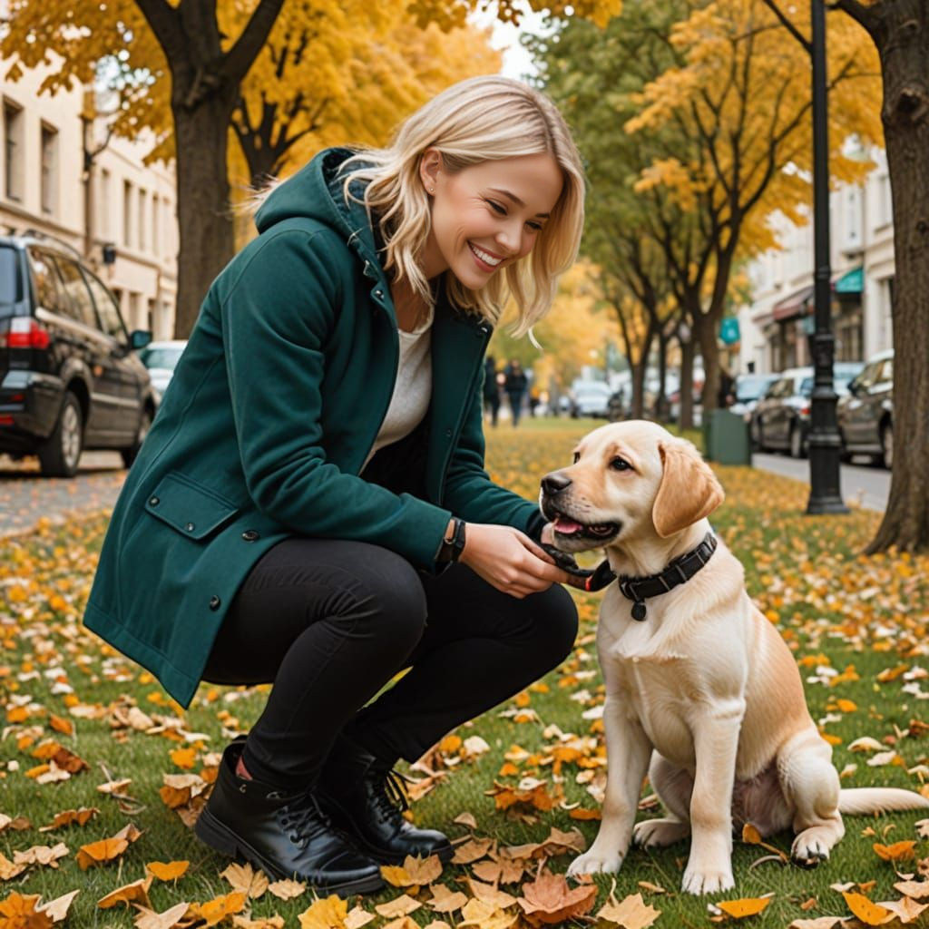 Blond girl playing with his mixed-breed Lab puppy  by @moowokuorn