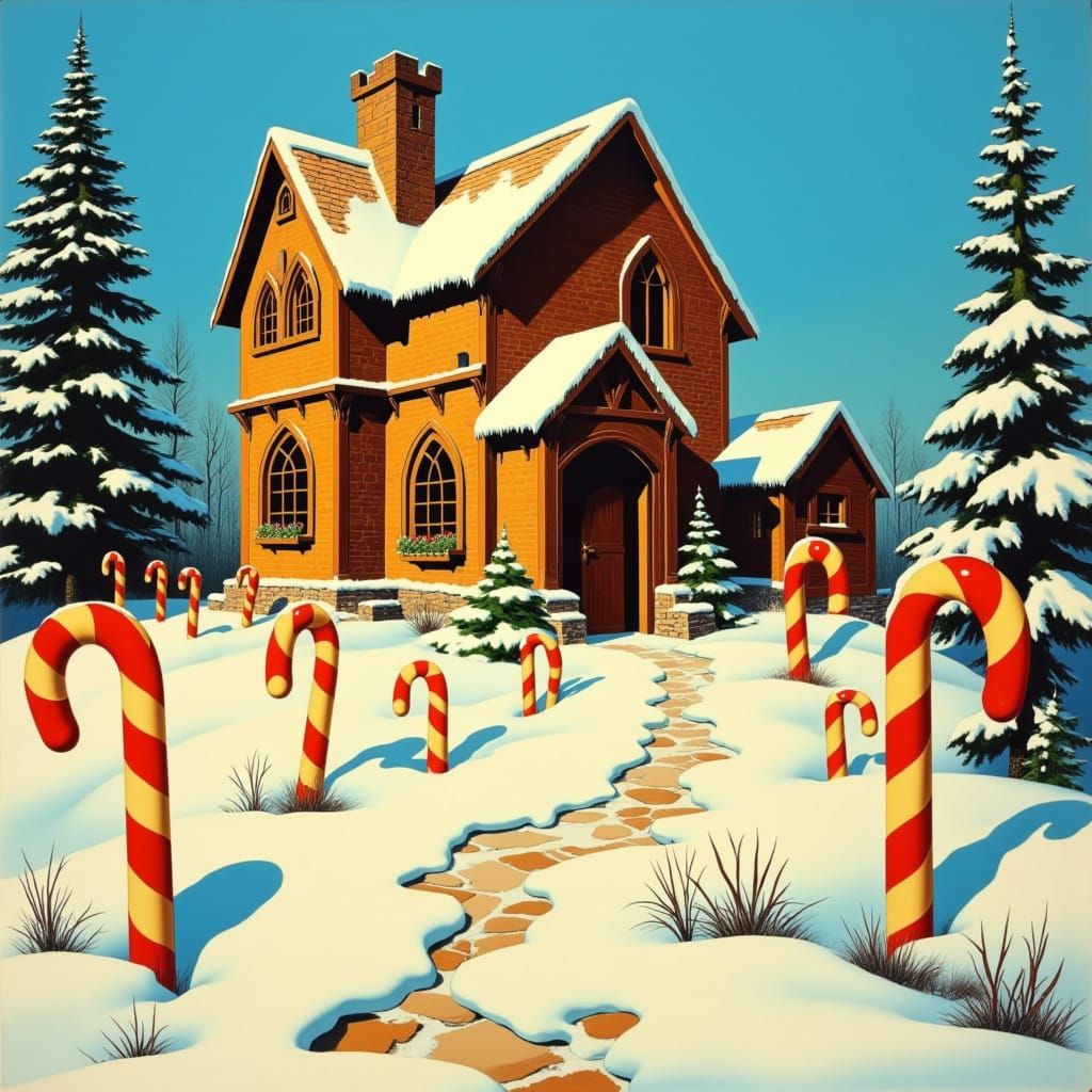 <lora:Medieval Pulp:1.0>
Vintage 1970s medieval pulp illustration. 
A fantastically detailed gingerbread house in a snowy winter wonderland,...