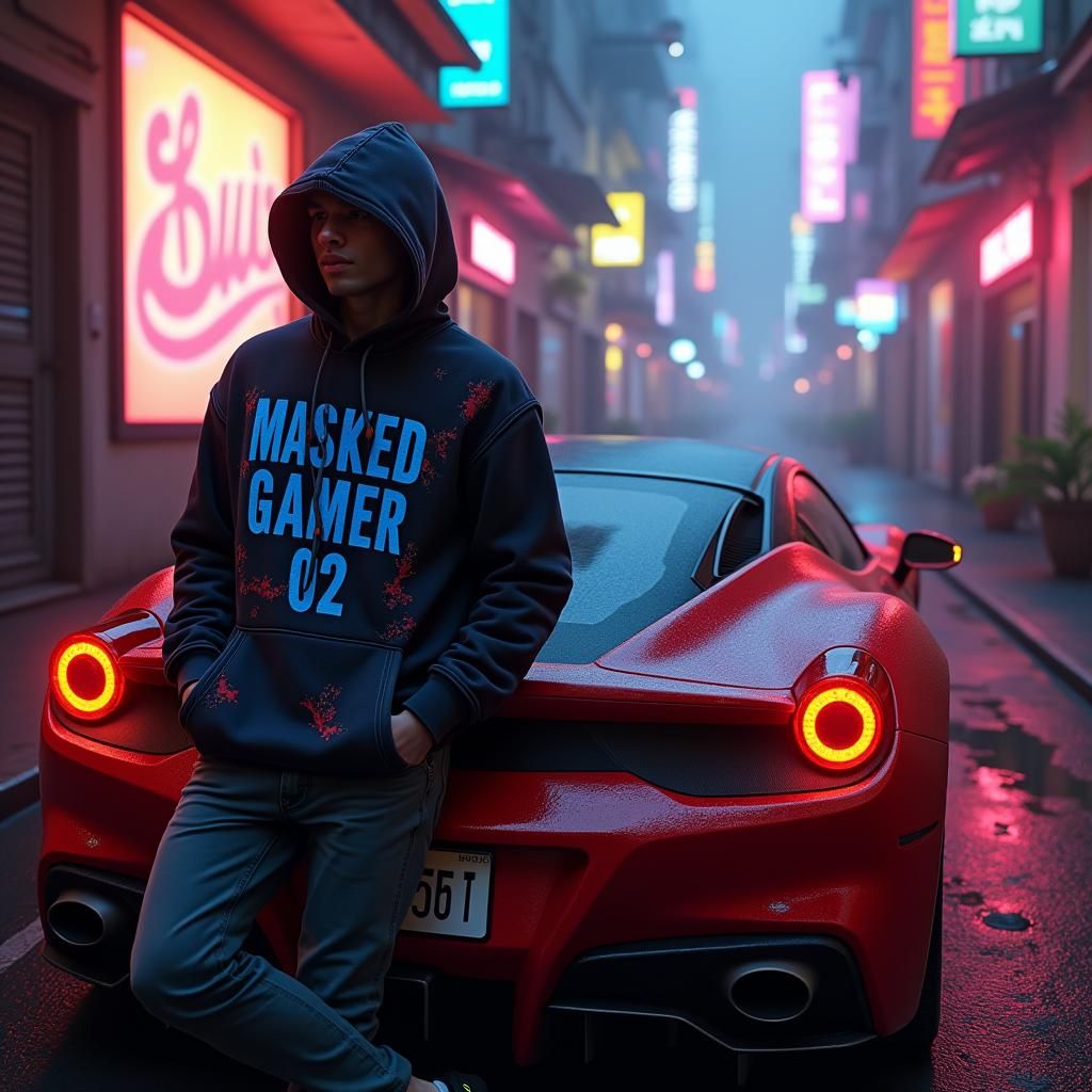 A man leaned against a Ferrari with a hoodie that says MASKE...
