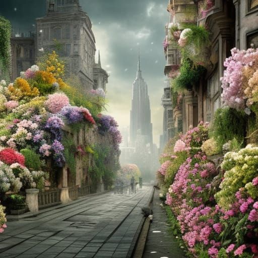 Abandoned city covered in flowers  by @Ana
