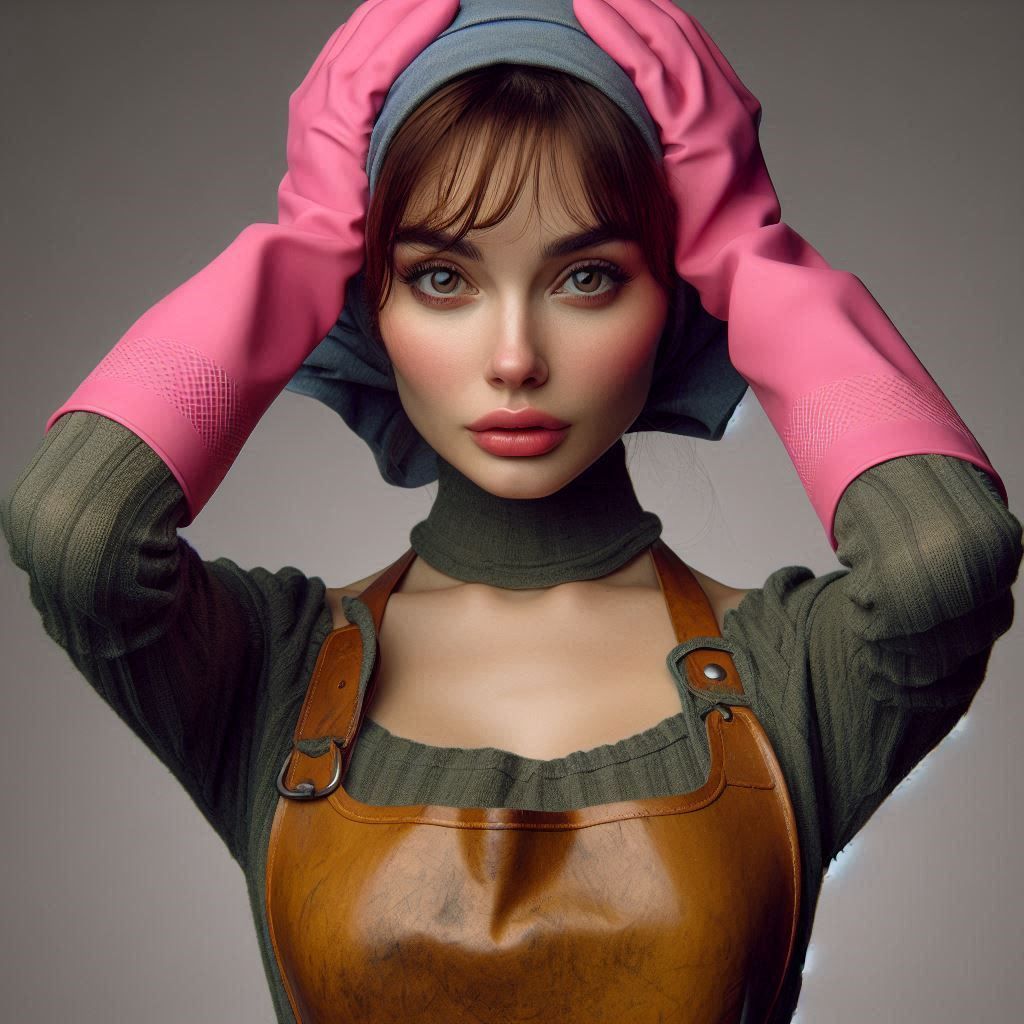 A petite woman in her 30ies cupping her head in her rubbergl...